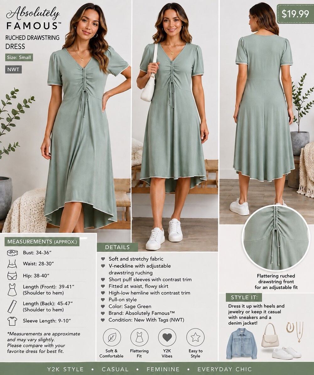 🆕Absolutely Fabulous Dress Small Sage Green Ruched Drawstring Y2K Midi Casual